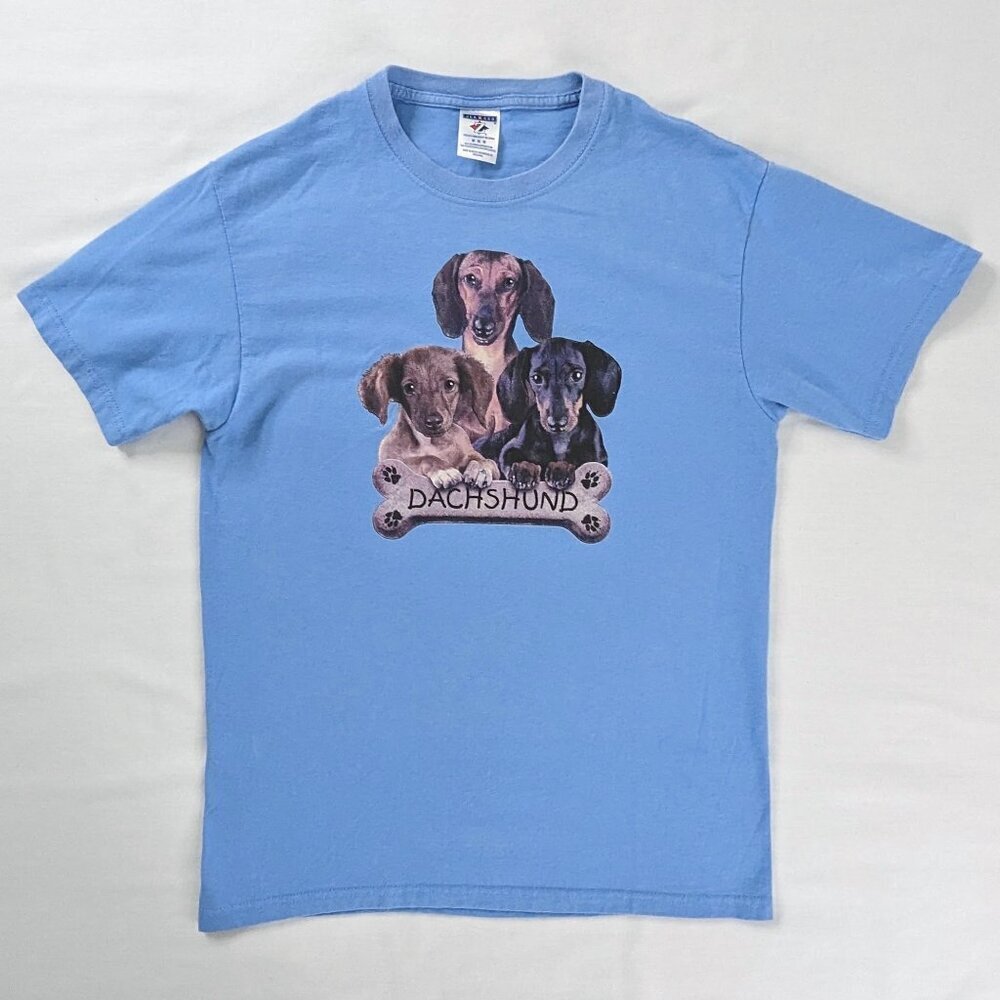 VTG Dachshund Blue Short Sleeve Graphic Puppies Dog Bone Dogs Tee